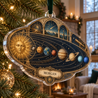 Vintage Solar System Housewarming Ornament with sample family name printed in optical 3D antique sun engraved planets and orbital rings through observatory arches
