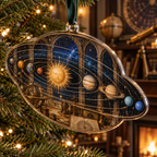 Vintage Solar System Collector Ornament with flat printed optical 3D antique sun engraved planets and orbital rings through observatory arches in brass navy sepia and teal