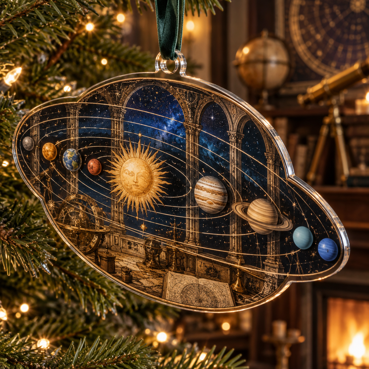 Vintage Solar System Collector Ornament with flat printed optical 3D antique sun engraved planets and orbital rings through observatory arches in brass navy sepia and teal
