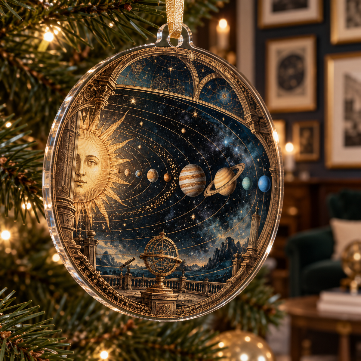 Vintage Solar System Apartment Gallery Ornament with flat printed optical 3D antique sun engraved planets and orbital rings through observatory arches in brass navy sepia and teal