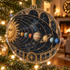 Vintage Solar System Host Gift Ornament with flat printed optical 3D antique sun engraved planets and orbital rings through observatory arches in brass navy sepia and teal