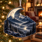 Moon Mountain Landscape Reading Nook Ornament with flat printed optical 3D moonlit mountain ridges, alpine valley and silver pines in indigo, pewter and ivory