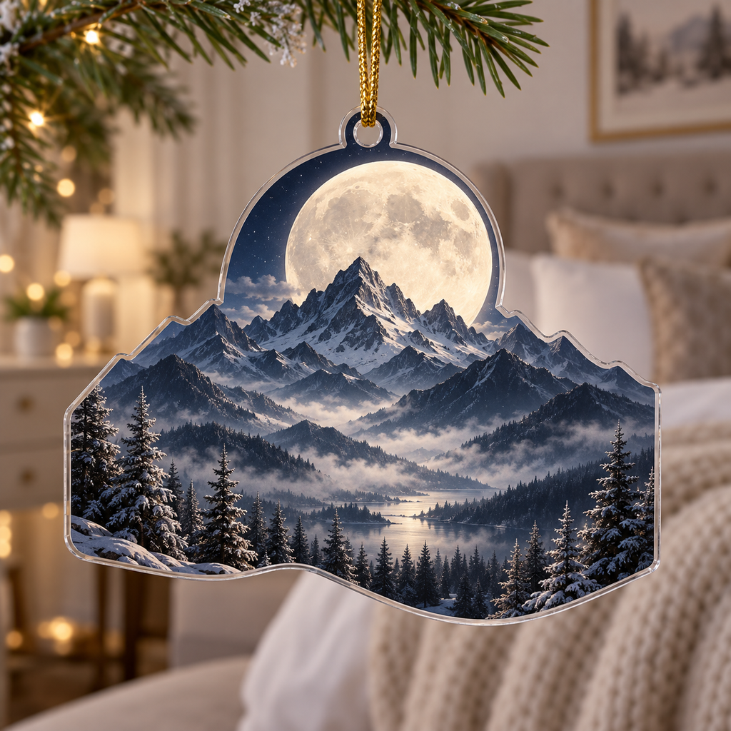 Moon Mountain Landscape Bedroom Decor Ornament with flat printed optical 3D moonlit mountain ridges, alpine valley and silver pines in indigo, pewter and ivory
