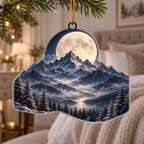 Moon Mountain Landscape Bedroom Decor Ornament with flat printed optical 3D moonlit mountain ridges, alpine valley and silver pines in indigo, pewter and ivory