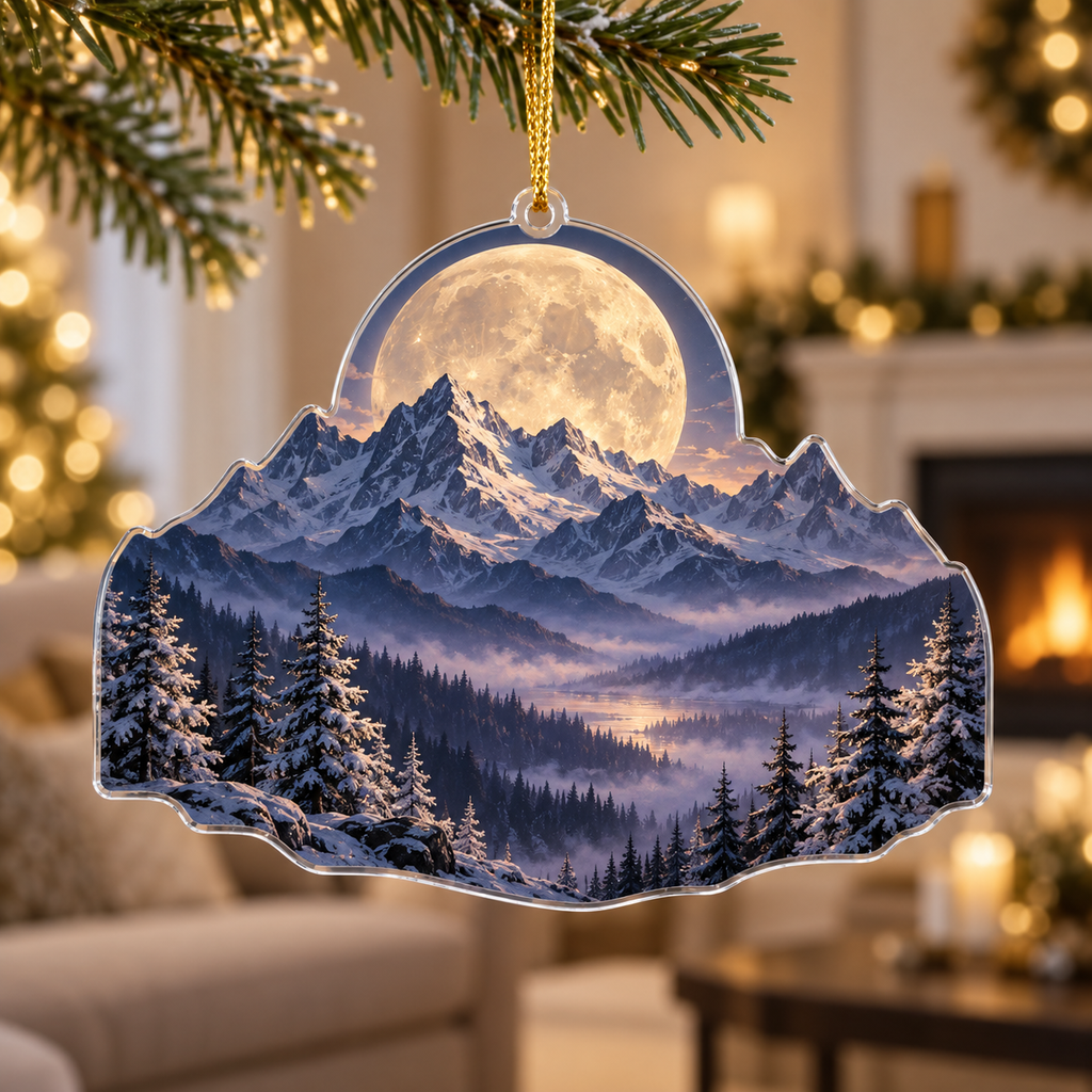 Moon Mountain Landscape Living Room Ornament with flat printed optical 3D moonlit mountain ridges, alpine valley and silver pines in indigo, pewter and ivory