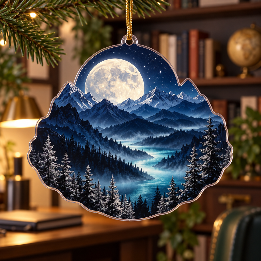 Moon Mountain Landscape Home Office Ornament with flat printed optical 3D moonlit mountain ridges, alpine valley and silver pines in indigo, pewter and ivory