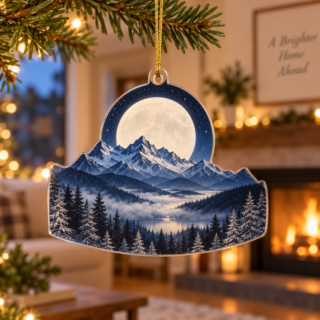 Moon Mountain Housewarming Ornament with flat printed optical 3D moonlit alpine ridges, valley and silver pines in a housewarming setting; personalization preview has no name shown