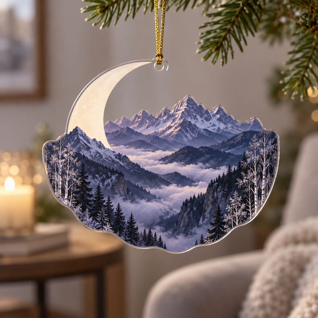 Moon Mountain Quiet Corner Ornament with flat printed optical 3D crescent-lit smoky lavender mountain ridges, cloud valley and silver birches
