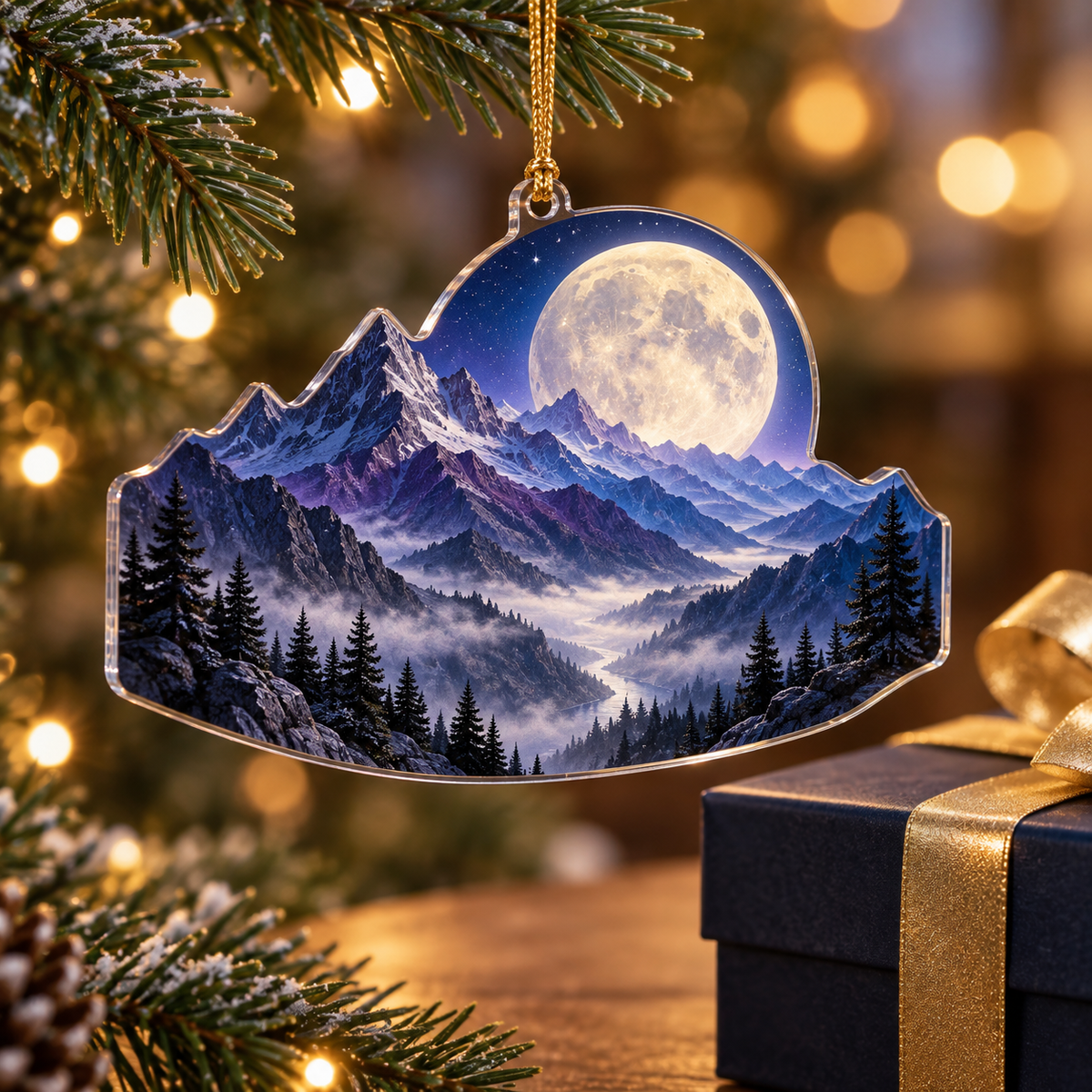 Moon Mountain Collector Ornament with flat printed optical 3D pearl moon, cobalt and amethyst cliffs and silver mist gorge