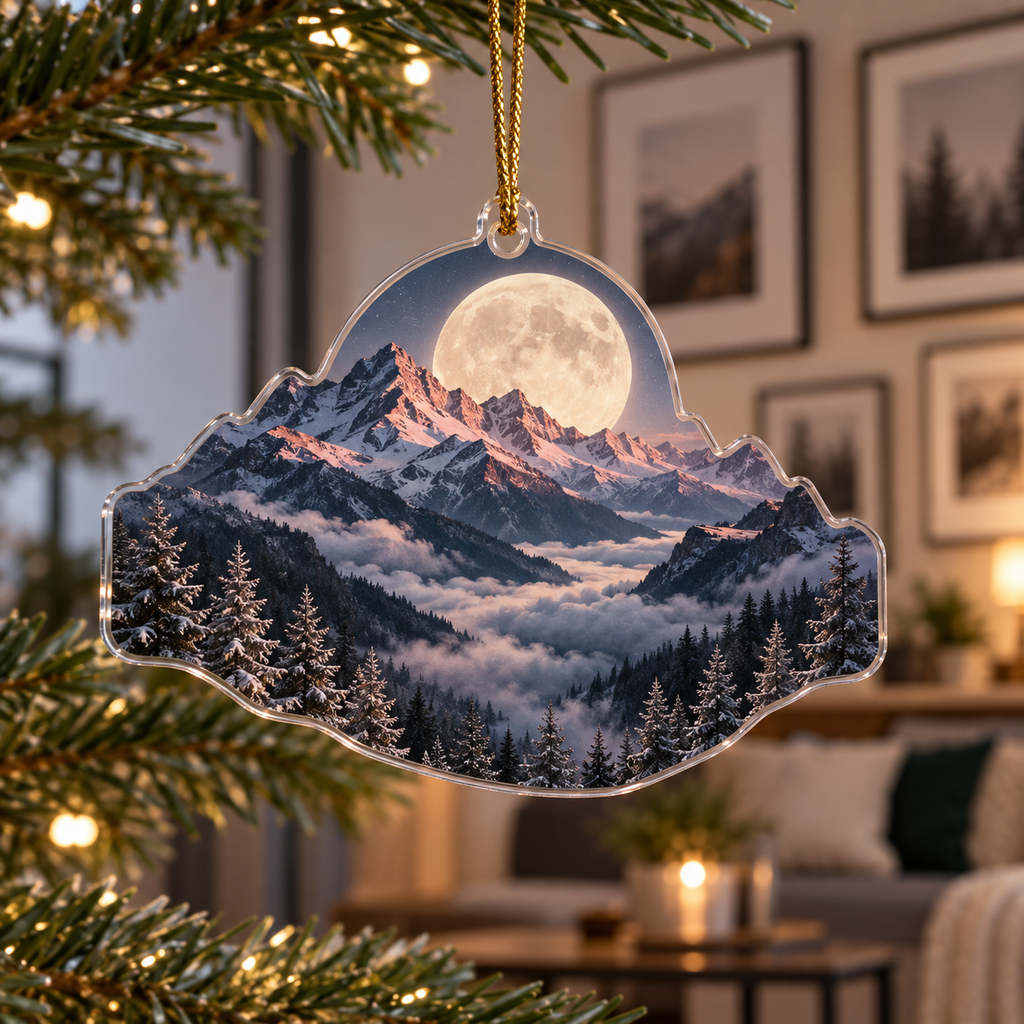 Moon Mountain Apartment Gallery Ornament with flat printed optical 3D ivory moon, ink-blue and dusty rose alpine peaks and silver firs
