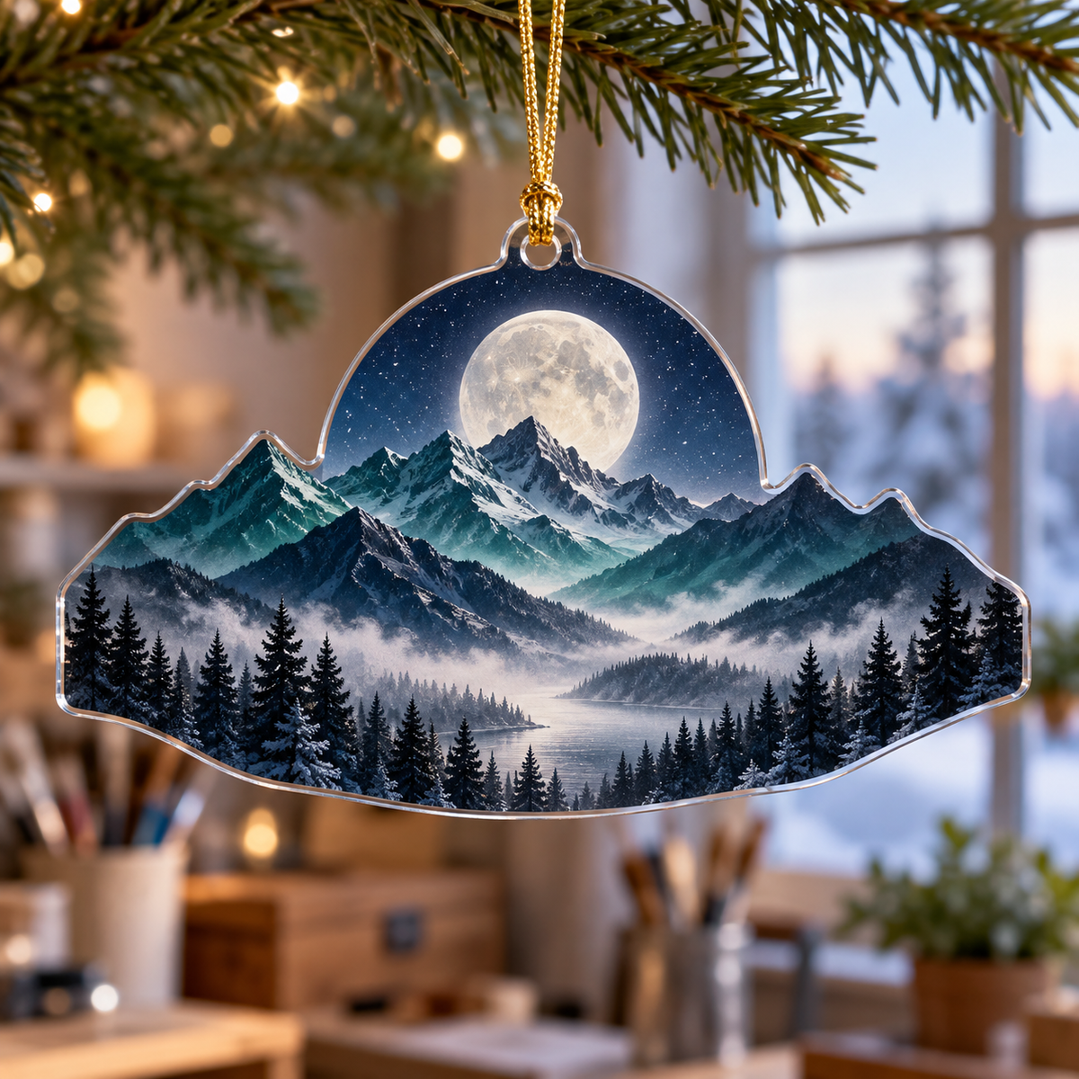 Moon Mountain Hobby Studio Ornament with flat printed optical 3D moonlit jade-teal ridges, silver-mist valley and pines