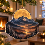 Moon Mountain Host Gift Ornament with flat printed optical 3D amber moon, midnight-blue and graphite ridges and copper mist