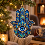 Hamsa Eye Reading Nook Ornament with flat printed optical 3D cobalt turquoise and antique-gold Hamsa hand, sapphire eye and geometric filigree