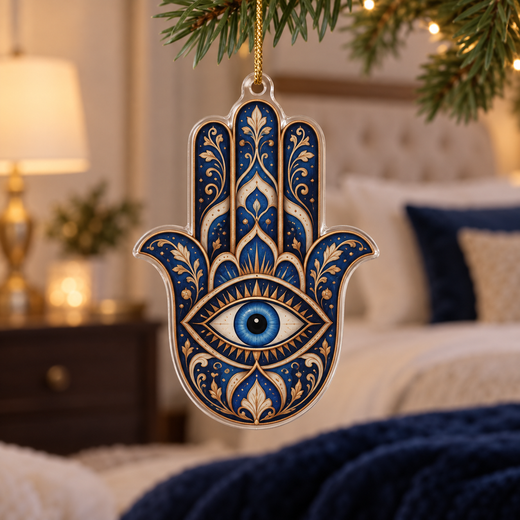 Hamsa Eye Bedroom Decor Ornament with flat printed optical 3D Hamsa hand, lapis-blue eye and indigo copper ivory filigree