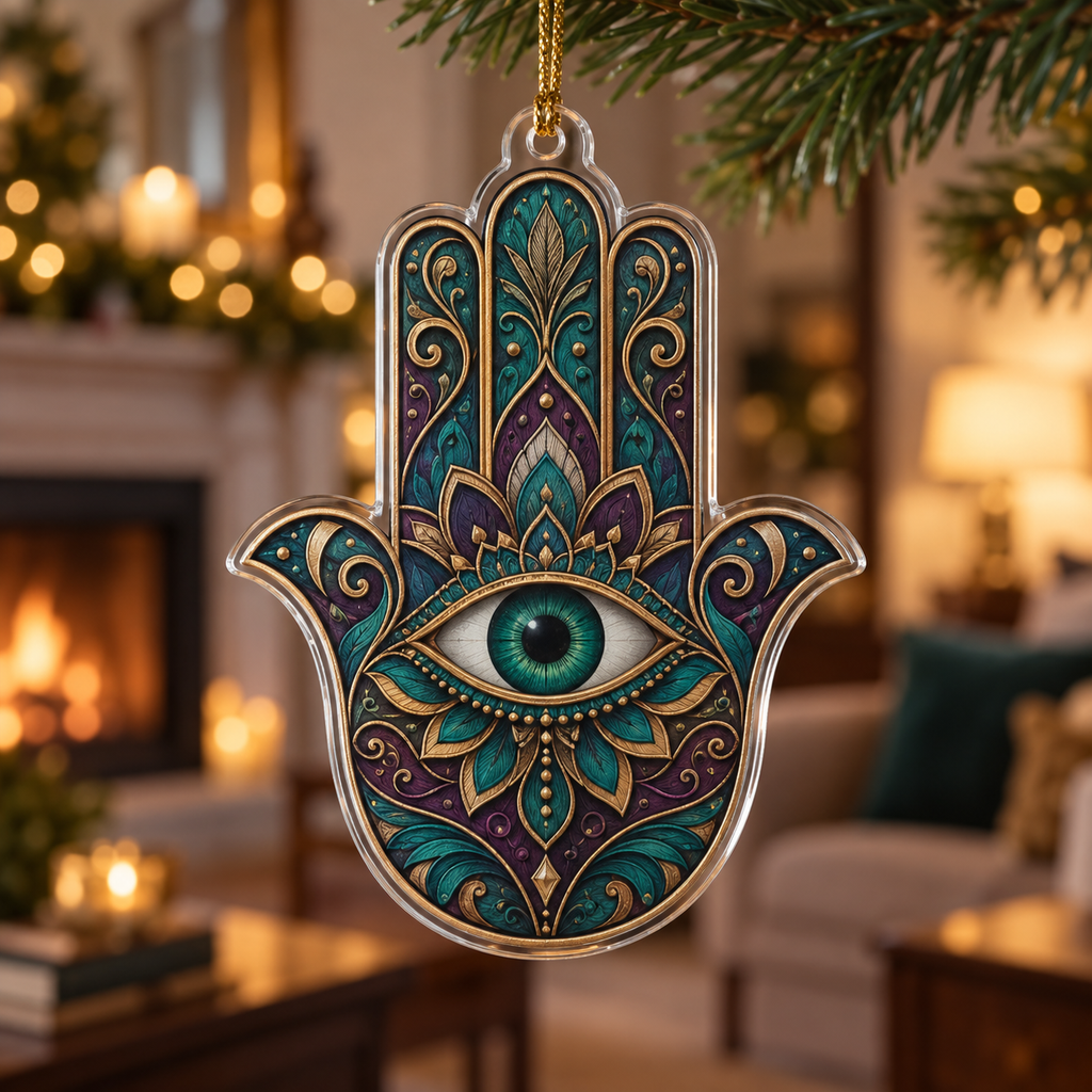 Hamsa Eye Living Room Ornament with flat printed optical 3D Hamsa hand, emerald eye and teal plum bronze filigree