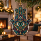 Hamsa Eye Living Room Ornament with flat printed optical 3D Hamsa hand, emerald eye and teal plum bronze filigree