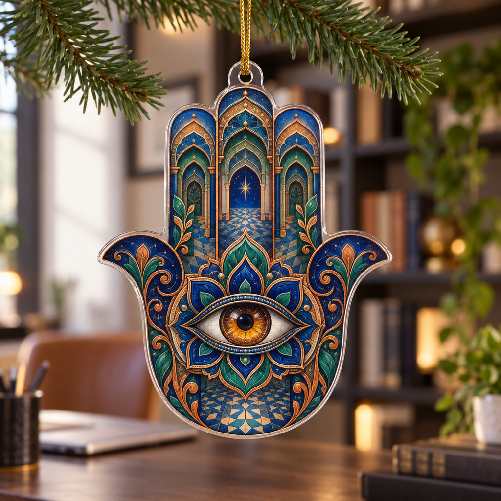 Hamsa Eye Home Office Ornament with flat printed optical 3D Hamsa hand, amber eye and ultramarine jade copper filigree