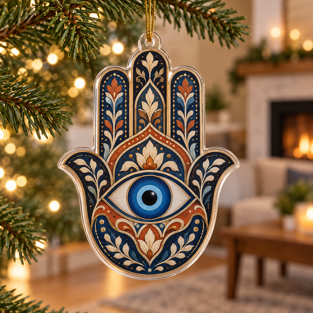 Hamsa Eye Housewarming Ornament with flat printed optical 3D Hamsa hand, sapphire eye and midnight-blue terracotta ivory filigree; no sample name shown