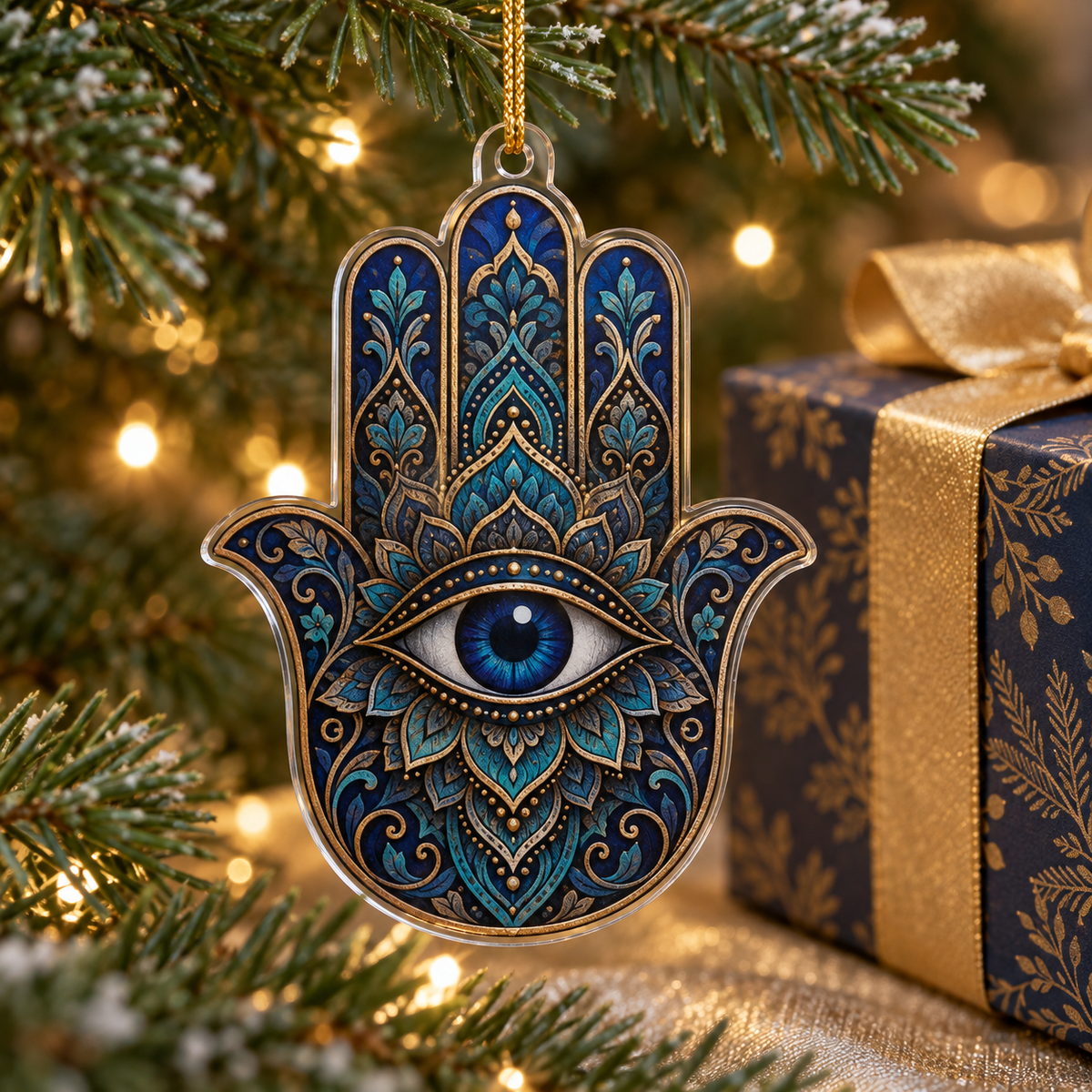 Hamsa Eye Collector Ornament with flat printed optical 3D Hamsa hand, dark sapphire eye and indigo oxidized-teal antique-bronze filigree