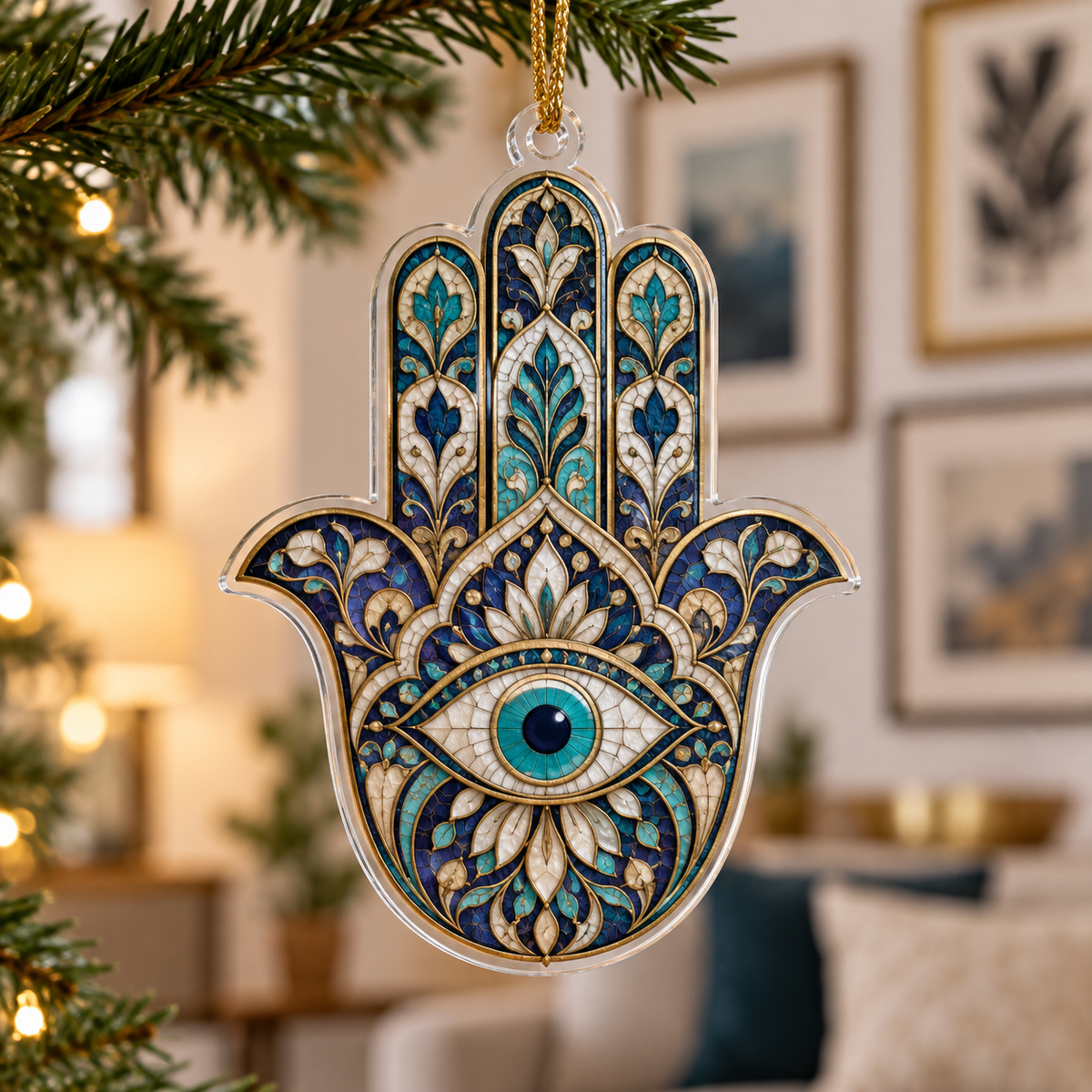 Hamsa Eye Apartment Gallery Ornament with flat printed optical 3D Hamsa hand, turquoise eye and indigo pearl old-gold mosaic filigree