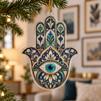 Hamsa Eye Apartment Gallery Ornament with flat printed optical 3D Hamsa hand, turquoise eye and indigo pearl old-gold mosaic filigree