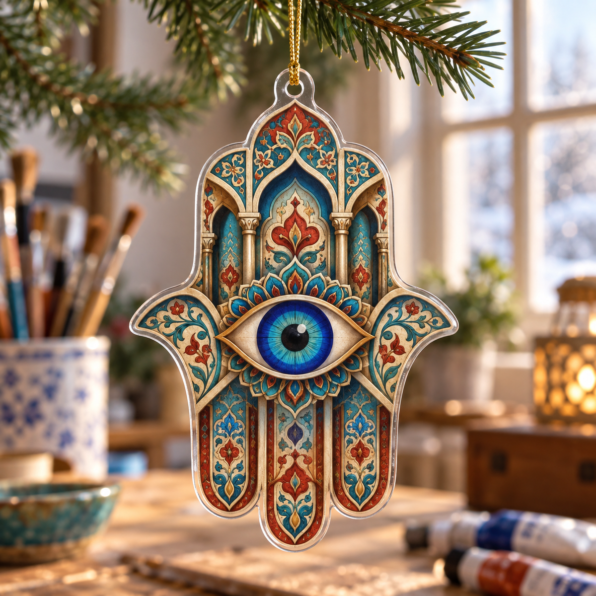 Hamsa Eye Hobby Studio Ornament with flat printed optical 3D Hamsa hand, cobalt eye and turquoise rust-red parchment filigree