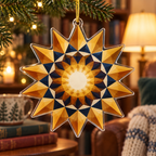 Geometric Sunburst Reading Nook Ornament with flat printed optical 3D faceted amber golden-ochre rays, navy and cream tessellated bands