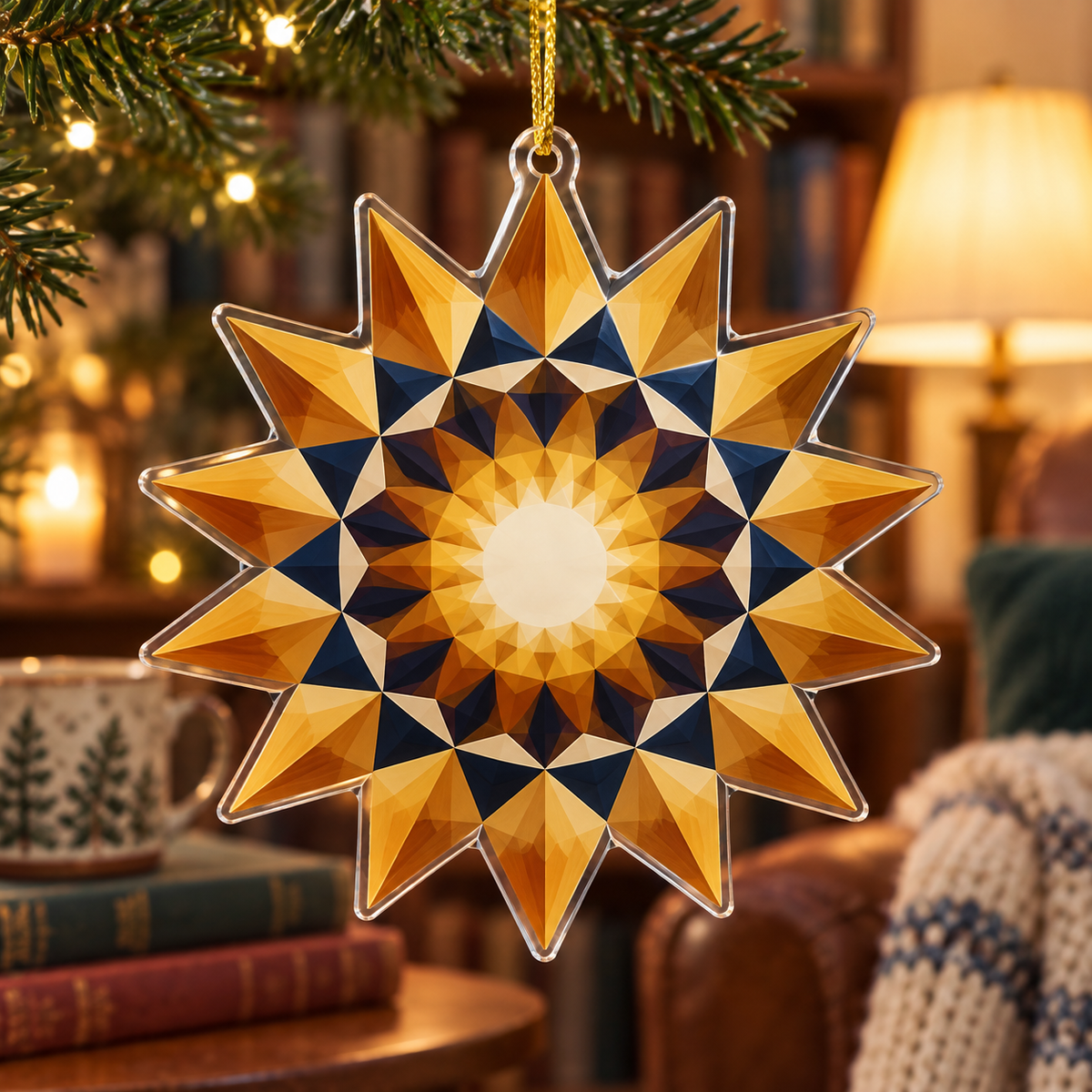 Geometric Sunburst Reading Nook Ornament with flat printed optical 3D faceted amber golden-ochre rays, navy and cream tessellated bands