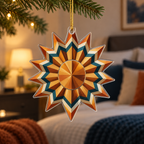Geometric Sunburst Bedroom Decor Ornament with flat printed optical 3D burnt-orange and antique-gold sunburst rays with petrol-blue ivory bands