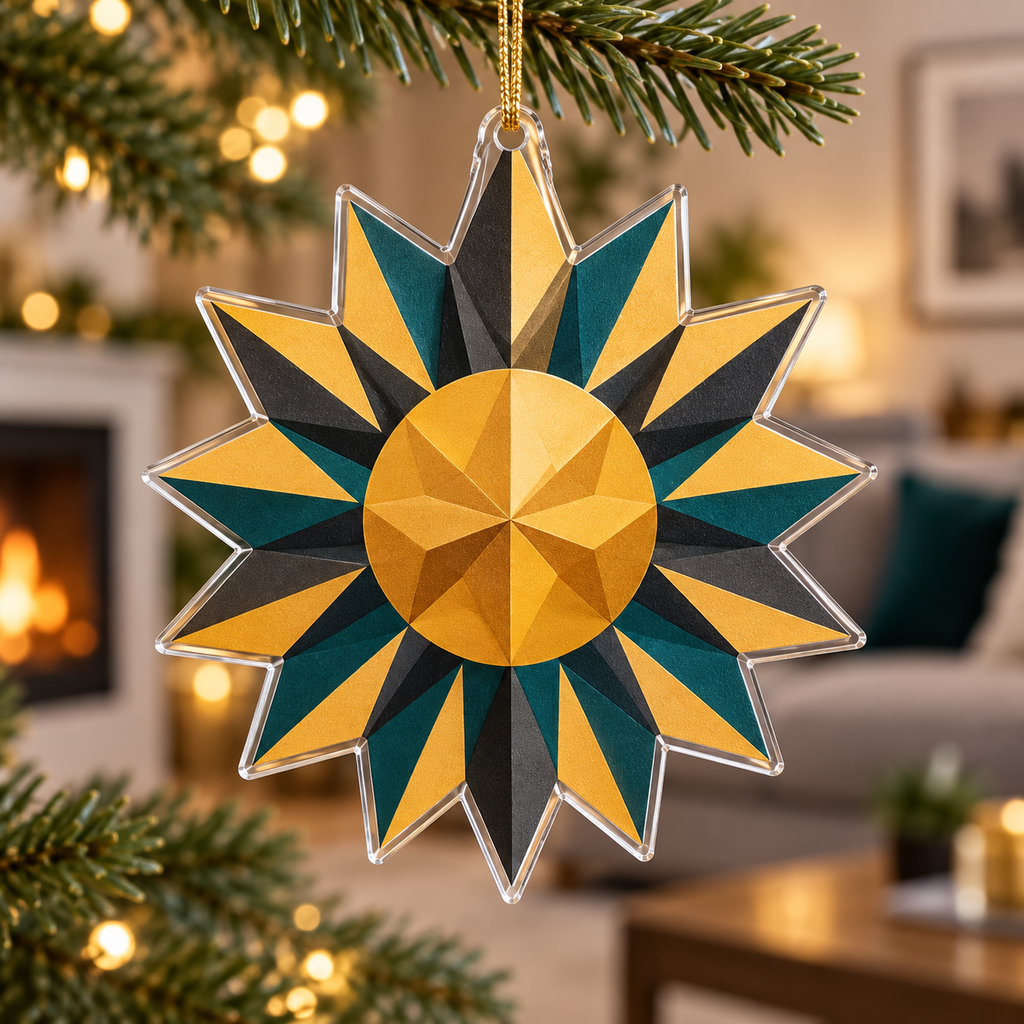 Geometric Sunburst Living Room Ornament with flat printed optical 3D saffron-gold sunburst rays and charcoal deep-teal chevrons