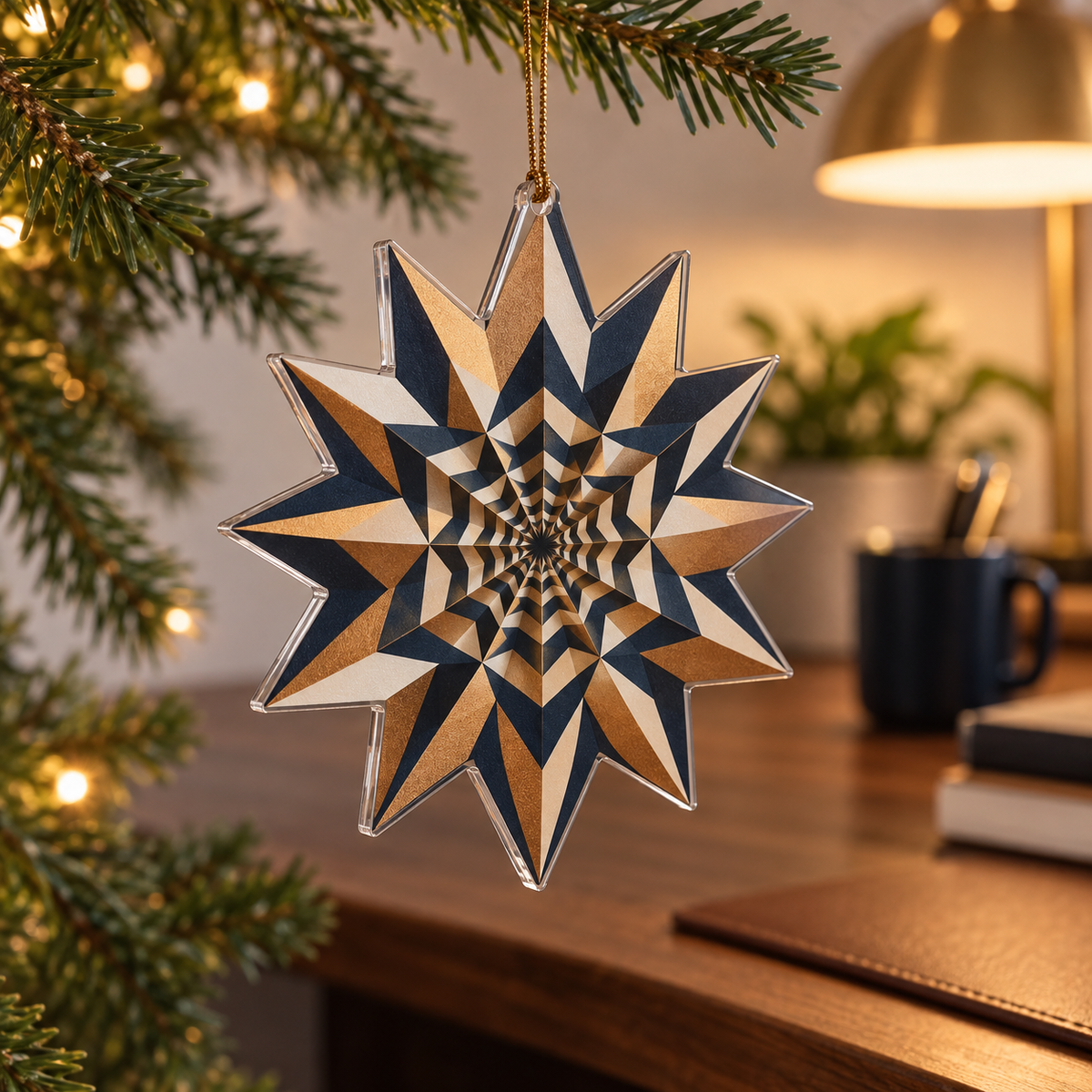Geometric Sunburst Home Office Ornament with flat printed optical 3D copper-gold sunburst rays and navy-ivory chevrons