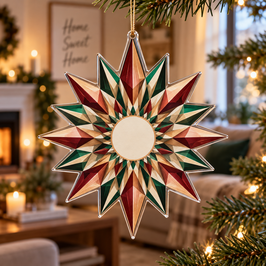 Geometric Sunburst Housewarming Ornament with flat printed optical 3D copper-champagne sunburst rays and emerald-ivory facets