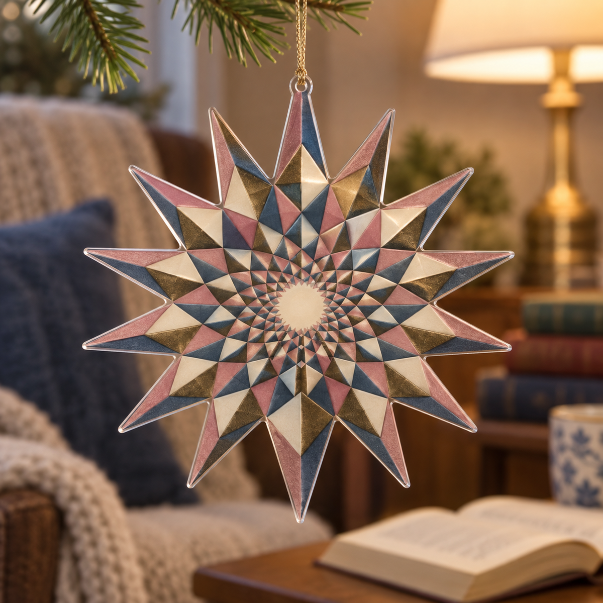 Geometric Sunburst Quiet Corner Ornament with flat printed optical 3D dusty-rose and antique-brass sunburst rays and slate-blue facets