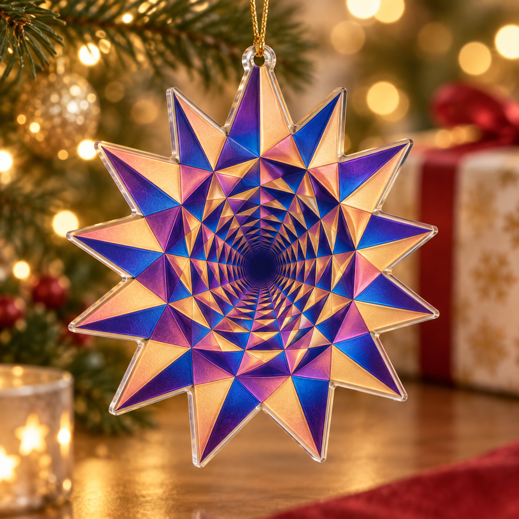 Geometric Sunburst Collector Ornament with flat printed optical 3D amethyst and warm-gold sunburst rays and cobalt-peach facets