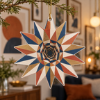 Geometric Sunburst Apartment Ornament with flat printed optical 3D terracotta and ultramarine sunburst rays and ivory facets