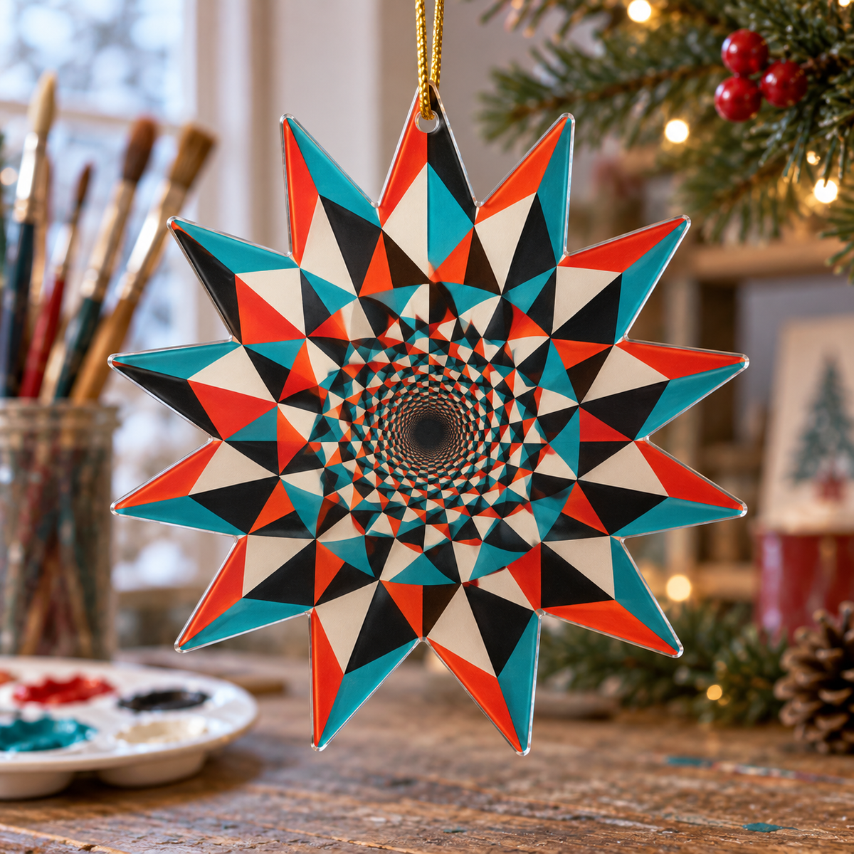 Geometric Sunburst Hobby Studio Ornament with flat printed optical 3D vermilion and teal sunburst rays and ivory facets