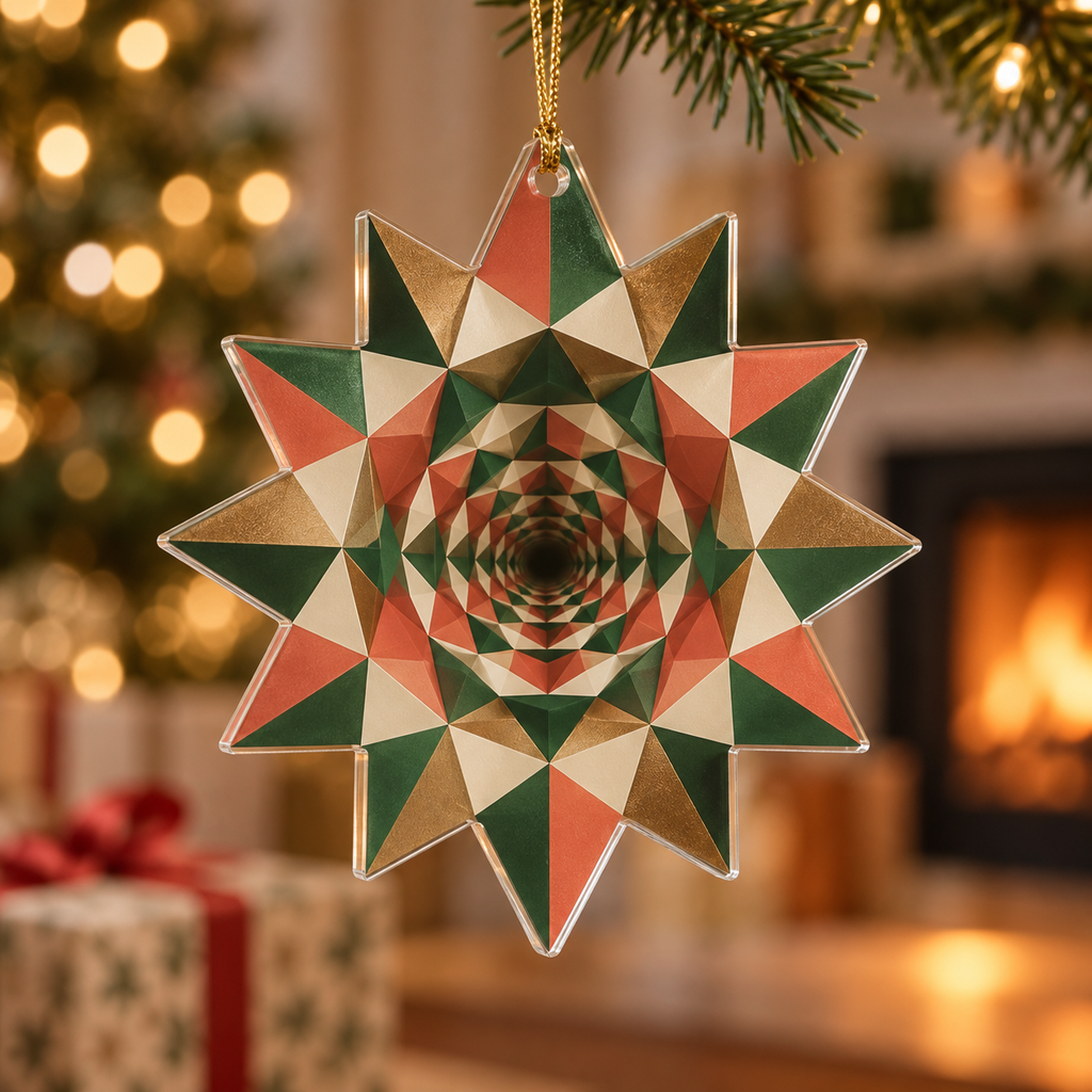 Geometric Sunburst Host Gift Ornament with flat printed optical 3D sunset-coral and forest-green sunburst rays and cream facets