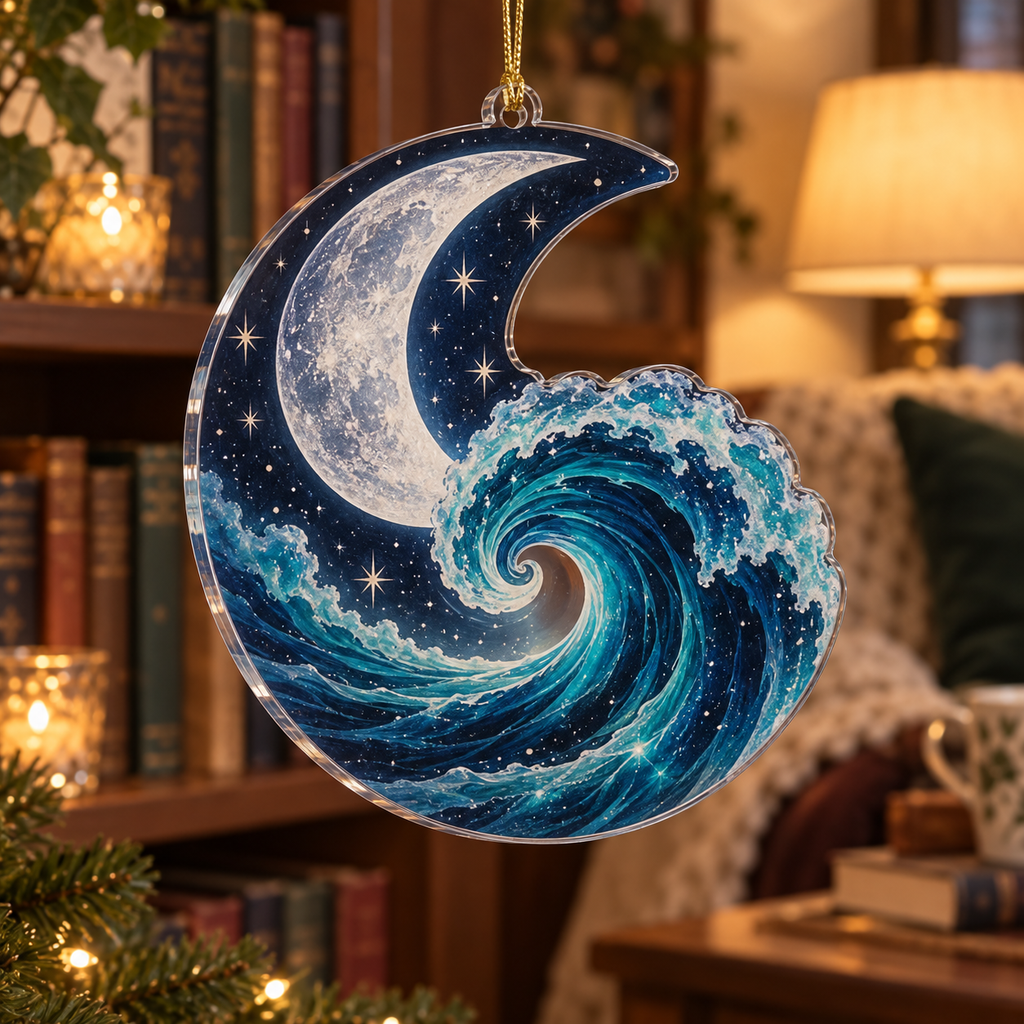 Celestial Ocean Tide Reading Nook Ornament with flat printed optical 3D indigo-turquoise moonlit waves and silver-white crescent