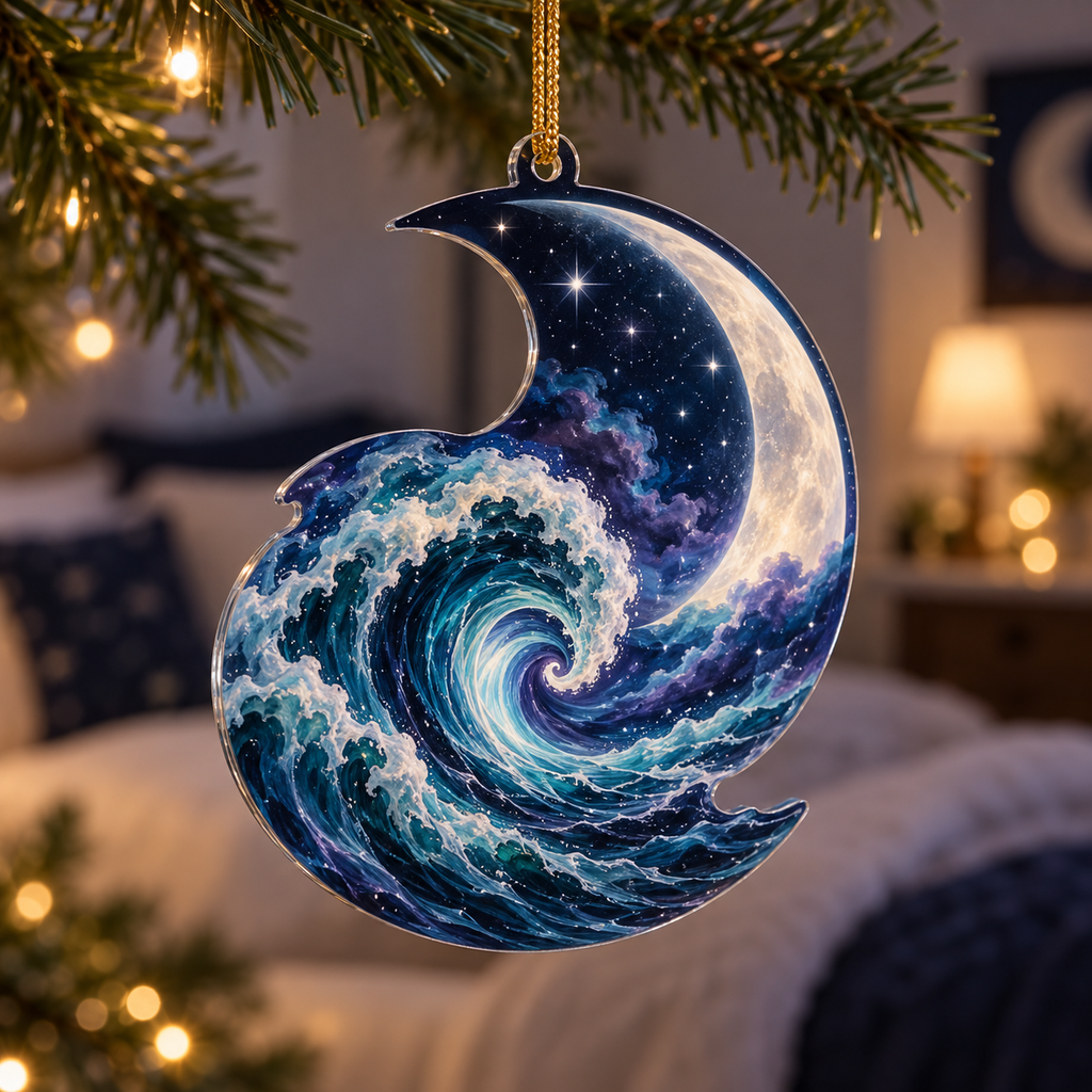 Celestial Ocean Tide Bedroom Ornament with flat printed optical 3D midnight-navy and aqua moonlit waves and pearl-white crescent
