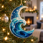 Celestial Ocean Tide Living Room Ornament with flat printed optical 3D sapphire and sea-glass moonlit waves and pearl-white crescent