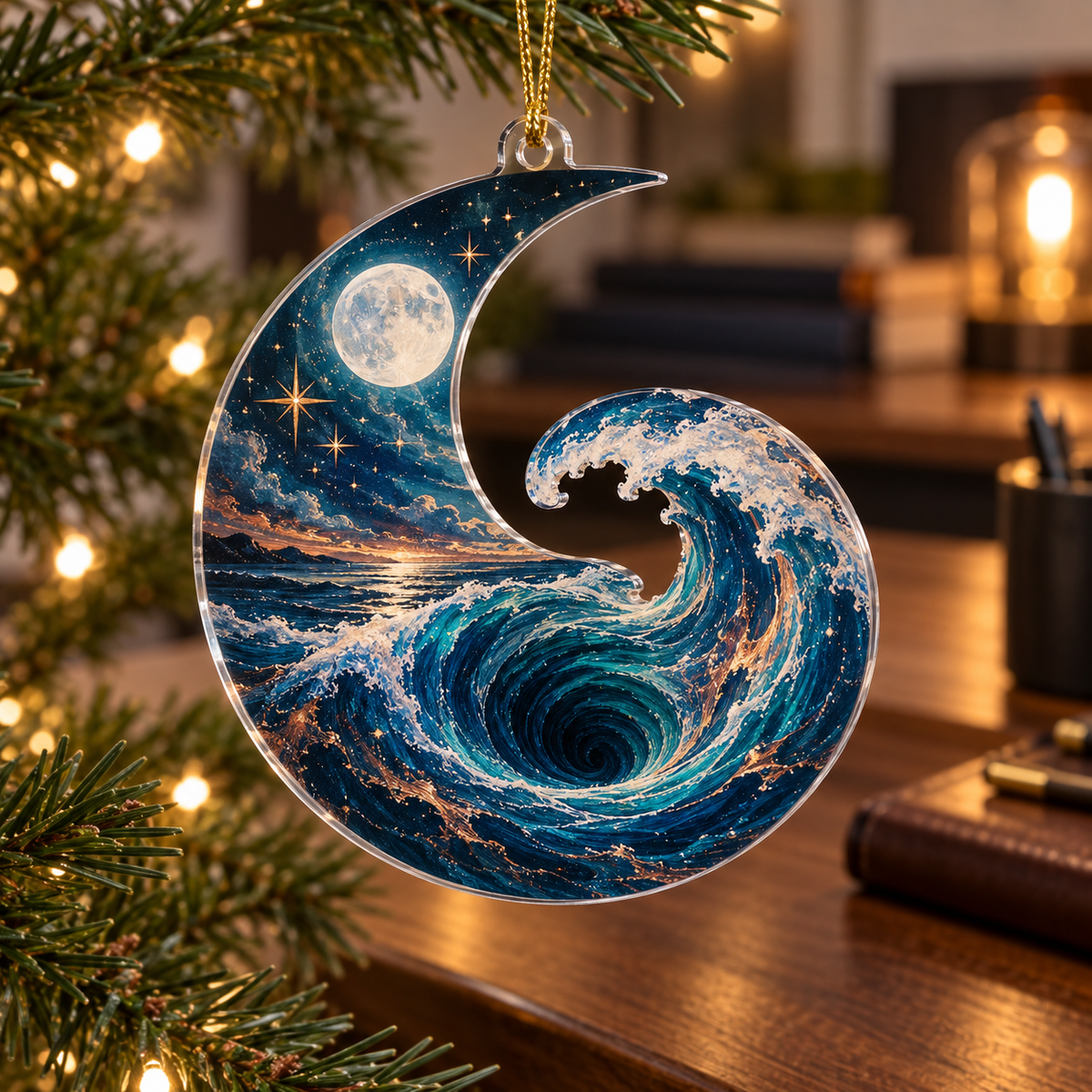 Celestial Ocean Tide Home Office Ornament with flat printed optical 3D deep-teal and cobalt moonlit waves and moonstone-white crescent