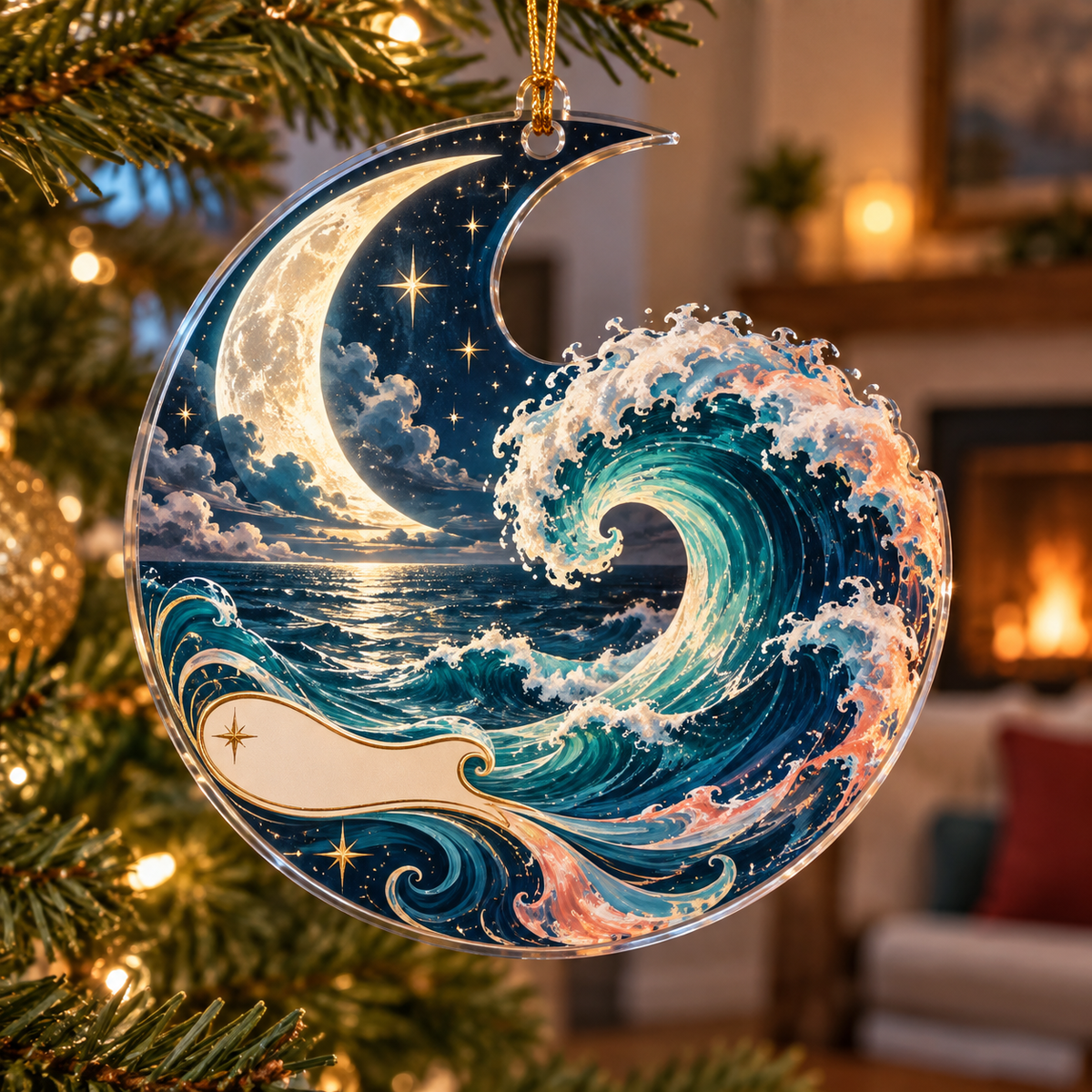 Celestial Ocean Tide Housewarming Ornament with flat printed optical 3D sapphire and jade-teal moonlit tide arcs and ivory crescent