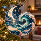 Celestial Ocean Tide Housewarming Ornament with flat printed optical 3D sapphire and jade-teal moonlit tide arcs and ivory crescent