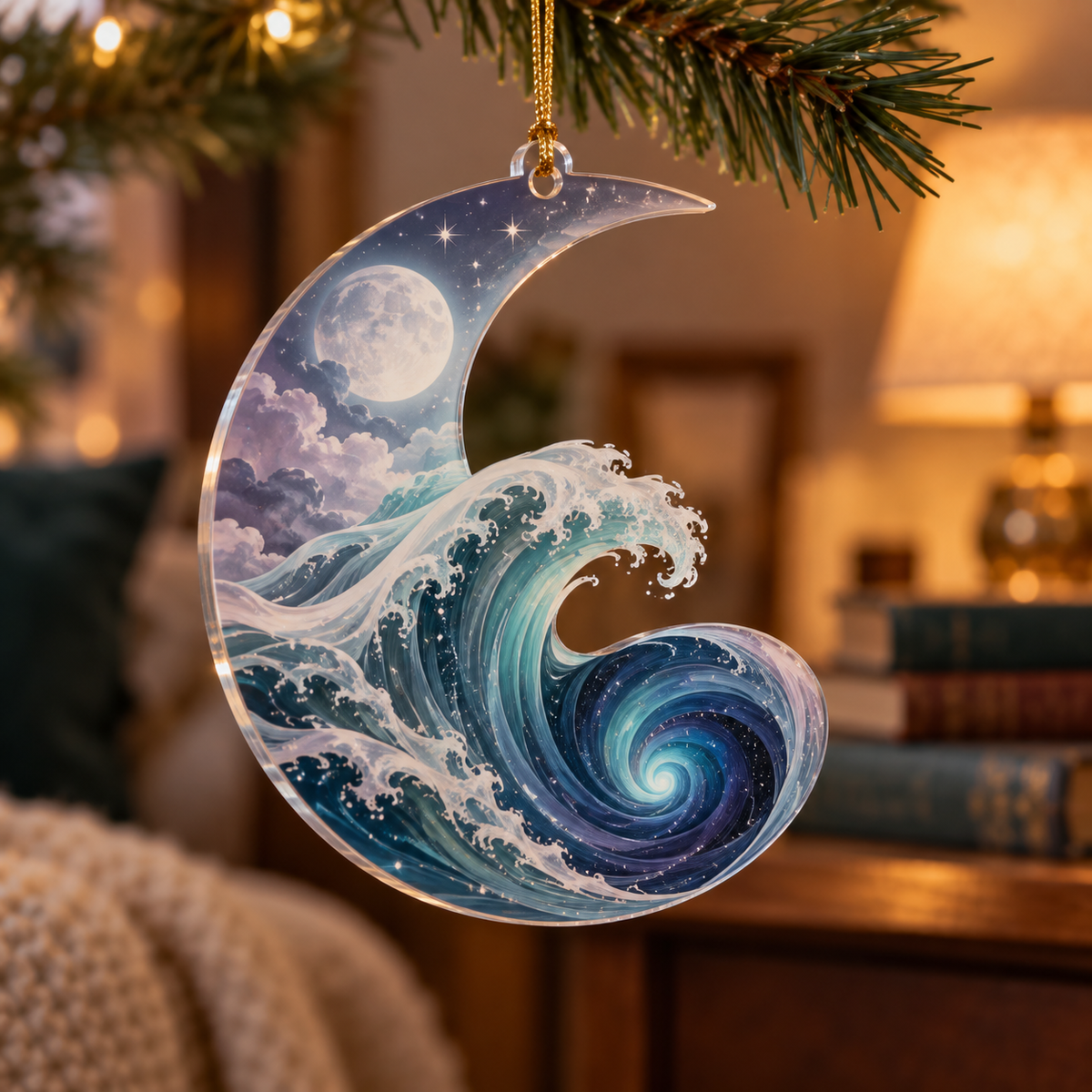 Celestial Ocean Tide Quiet Corner Ornament with flat printed optical 3D seafoam and dusk-blue moonlit waves and pearl-white crescent