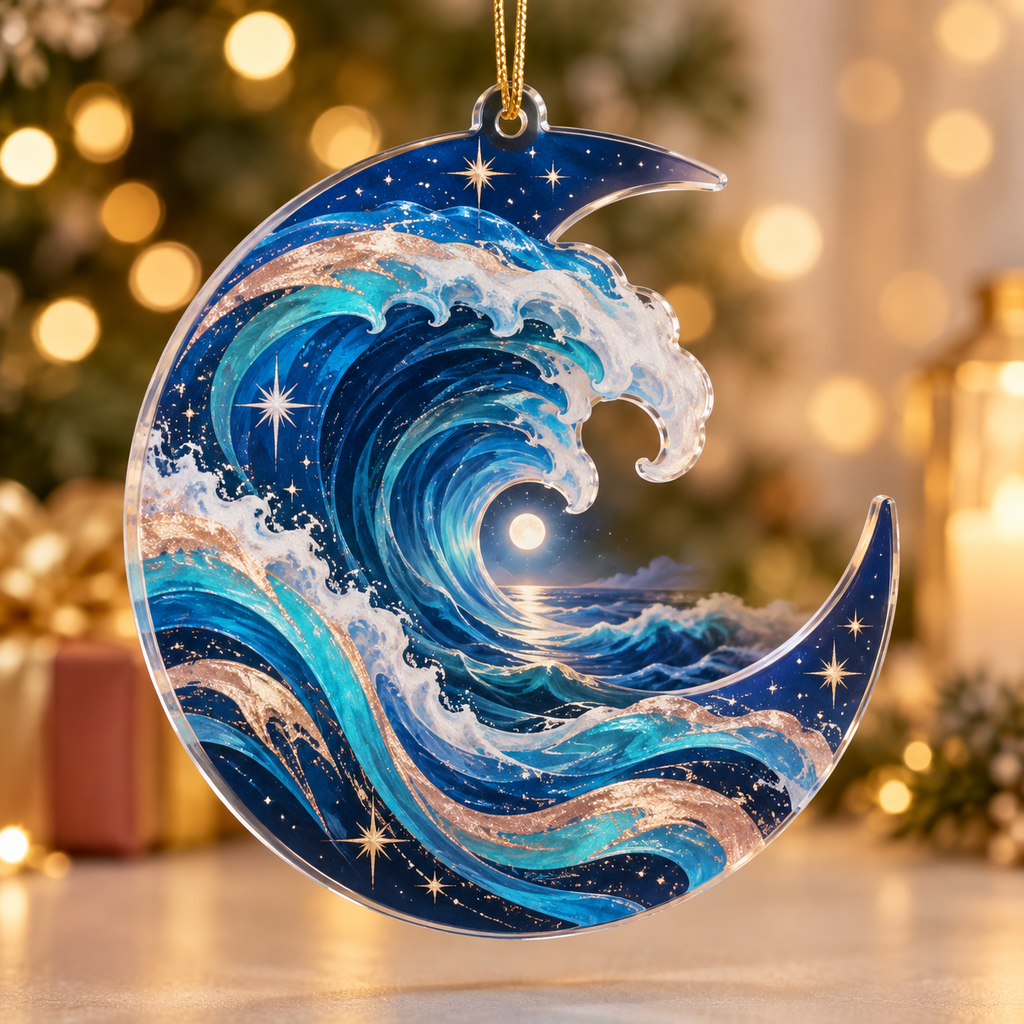 Celestial Ocean Tide Collector Ornament with flat printed optical 3D royal-blue and turquoise moonlit waves and pearl-white crescent
