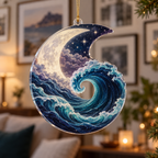 Celestial Ocean Tide Apartment Ornament with flat printed optical 3D ultramarine-aquamarine moonlit waves and ivory crescent