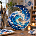 Celestial Ocean Tide Hobby Studio Ornament with flat printed optical 3D ink-blue and cyan moonlit waves and pearl-white crescent