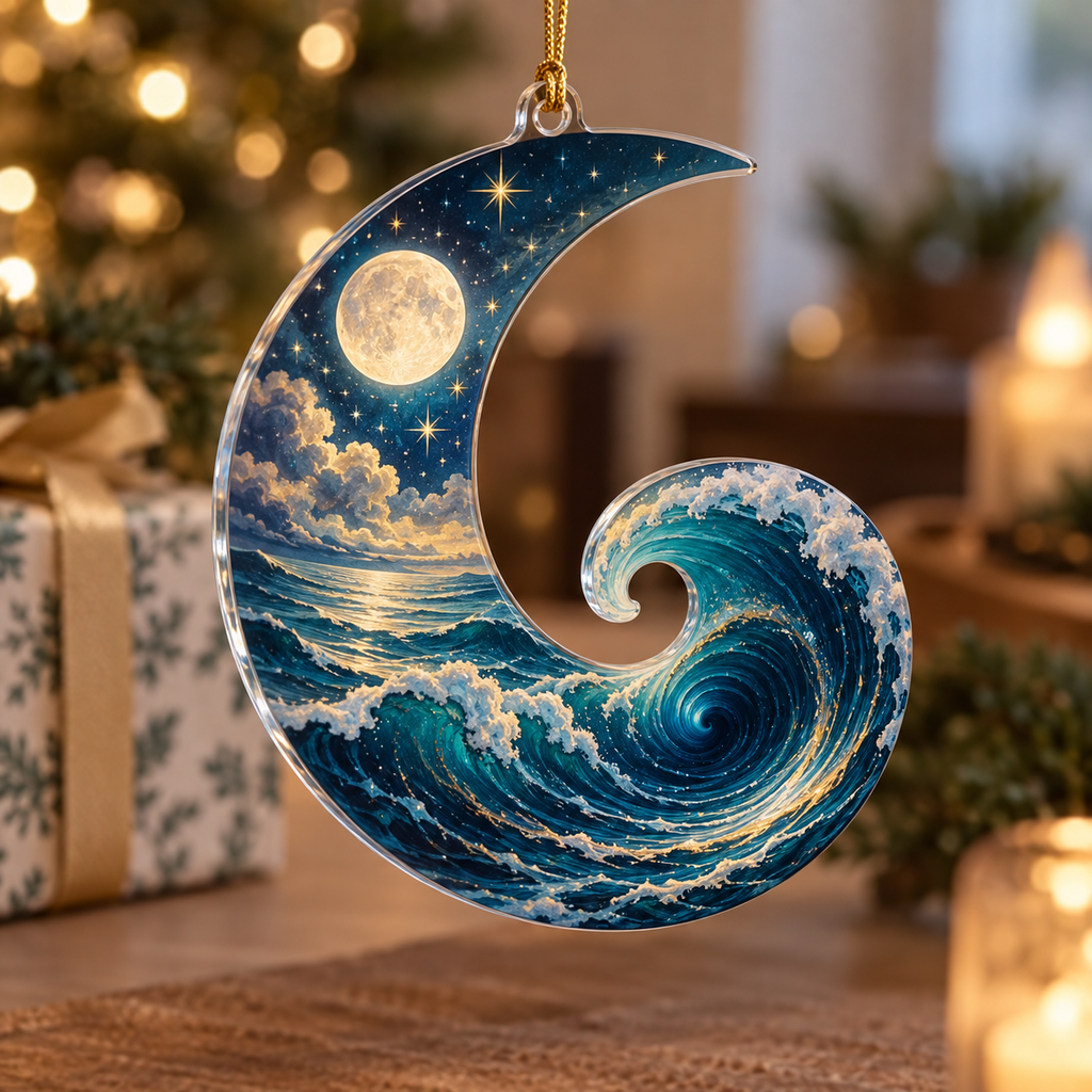 Celestial Ocean Tide Host Gift Ornament with flat printed optical 3D teal-blue and indigo moonlit waves and pearl-white crescent