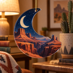 Desert Night Sky Reading Nook Ornament with flat printed optical 3D indigo night sky, terracotta dunes and pale moon