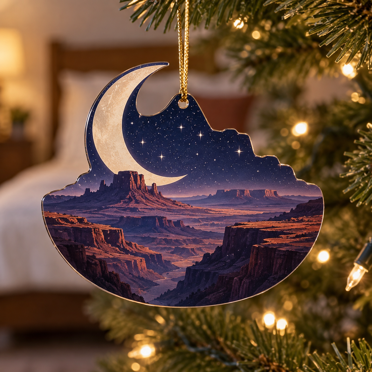 Desert Night Sky Bedroom Ornament with flat printed optical 3D midnight-violet starfield, terracotta dunes and pale moon